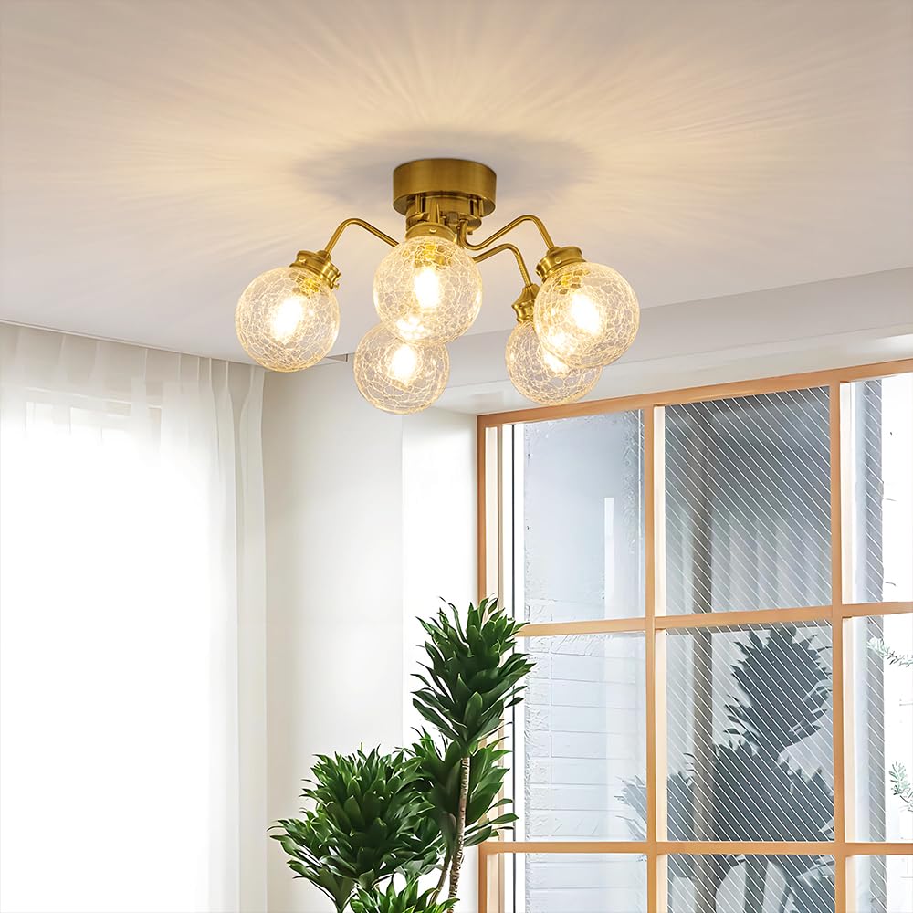 Chende Ceiling Light with Cracked Scandinavian Classic for Living Dining Antique Lighting Fixture 5-Light Glass, Style, LED, Brass, Retro, Bedroom,