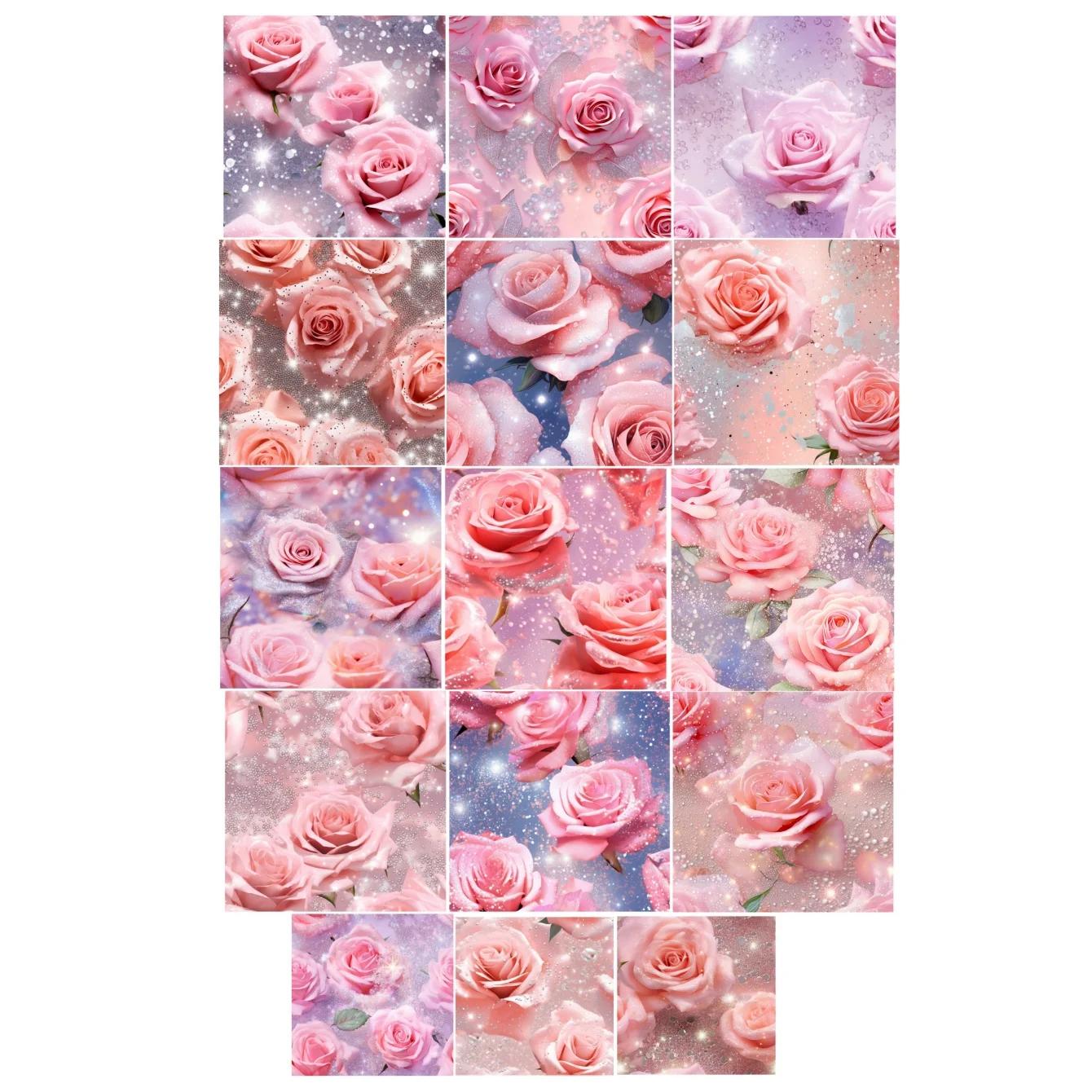 

15pcs Cute Pink Sparkling Rose Stickers Scrapbooking Decoration Hand Book Material TN Set Of Restoring Ancient Ways Phone білий