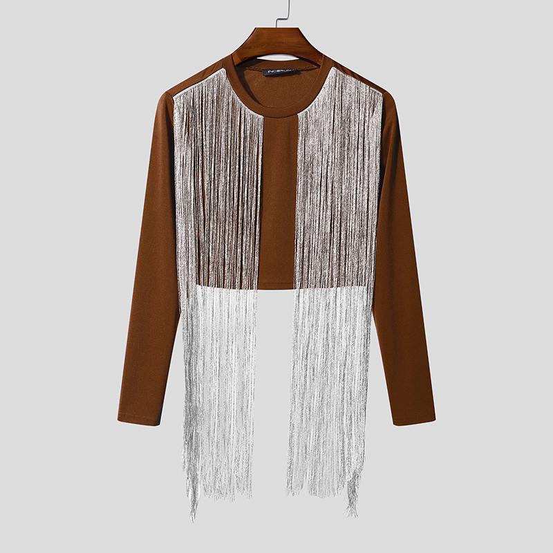 

INCERUN Мужские топы с круглым вырезом, длинным рукавом, блестящей бахромой спереди, короткие 3XL коричневый