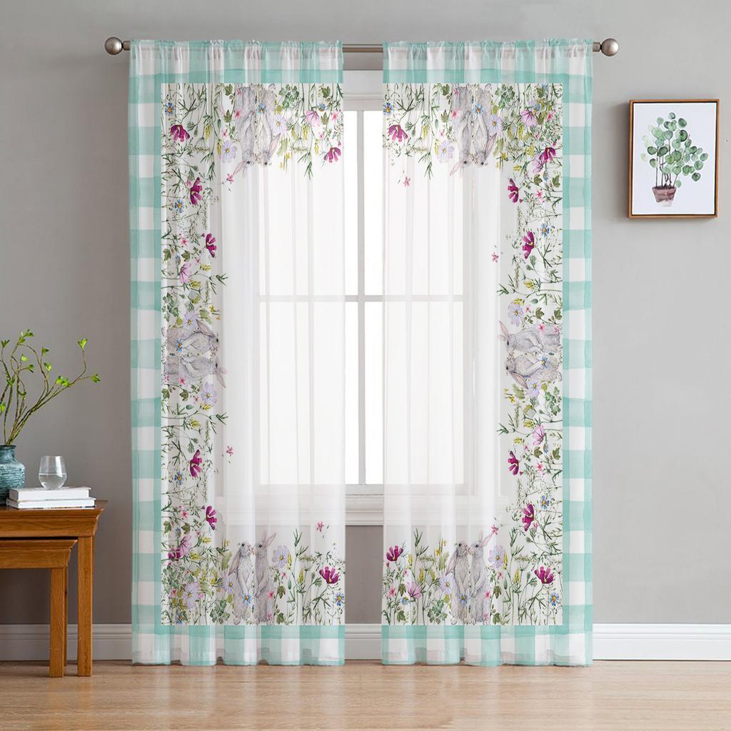 Easter Retro Farm Style Bunny Sheer Curtains for Bedroom Living Room Festival Decor Cute Rabbit Kitchen Window Tulle Curtain