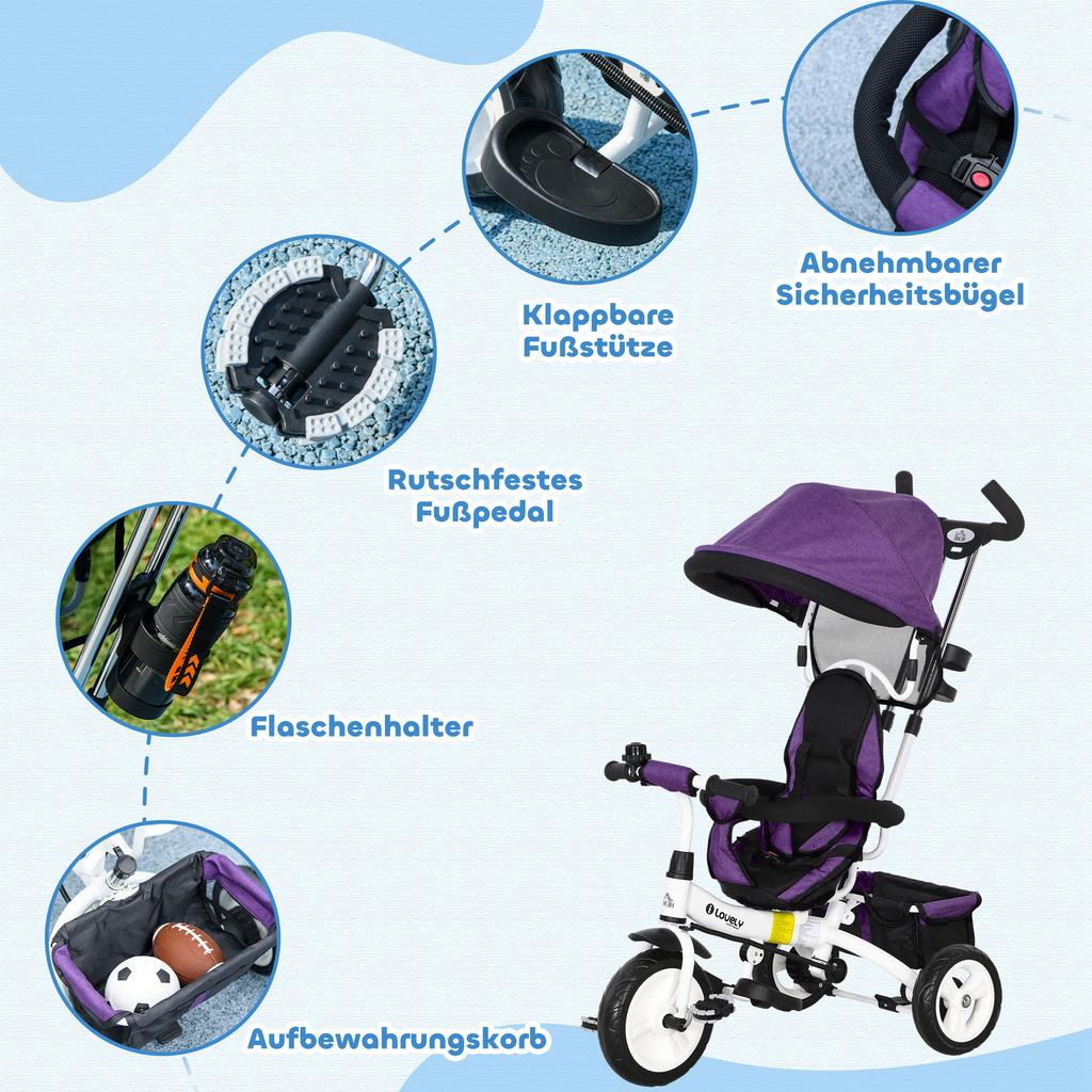 6-in-1 Children's Tricycle, Push Bar, Canopy, Harness, Storage Basket, 1-5 Years, Blue