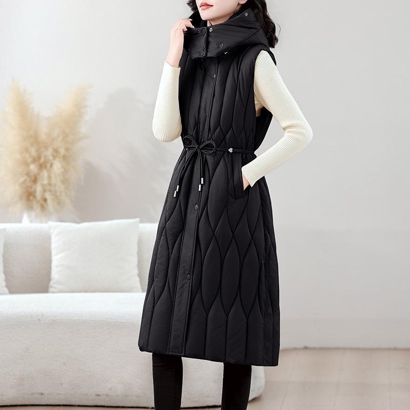 Large size rhombus vest women's winter waist season down cotton jacket medium length over the knee new European vest fat mm