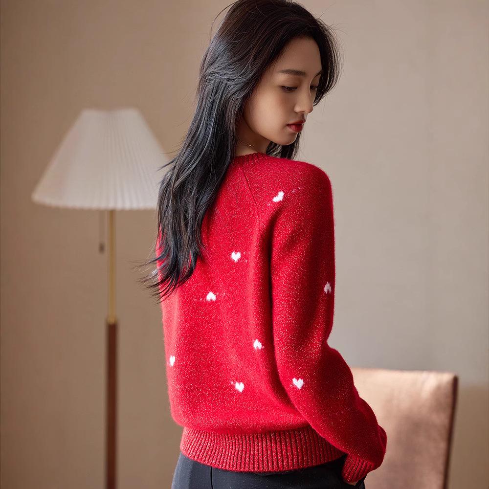 Women's Heathered Wool Heart Jacquard Knit Pullover - Autumn/Winter