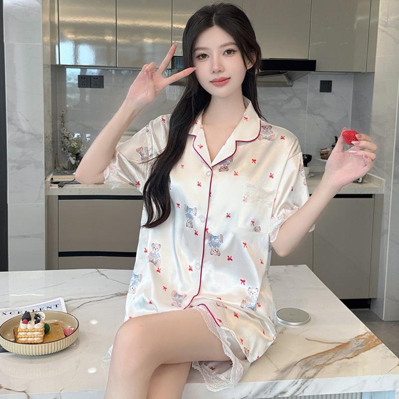 Women's Summer Pink Stripe Ice Silk Short Sleeve Pajama Set for Indoors and Outdoors