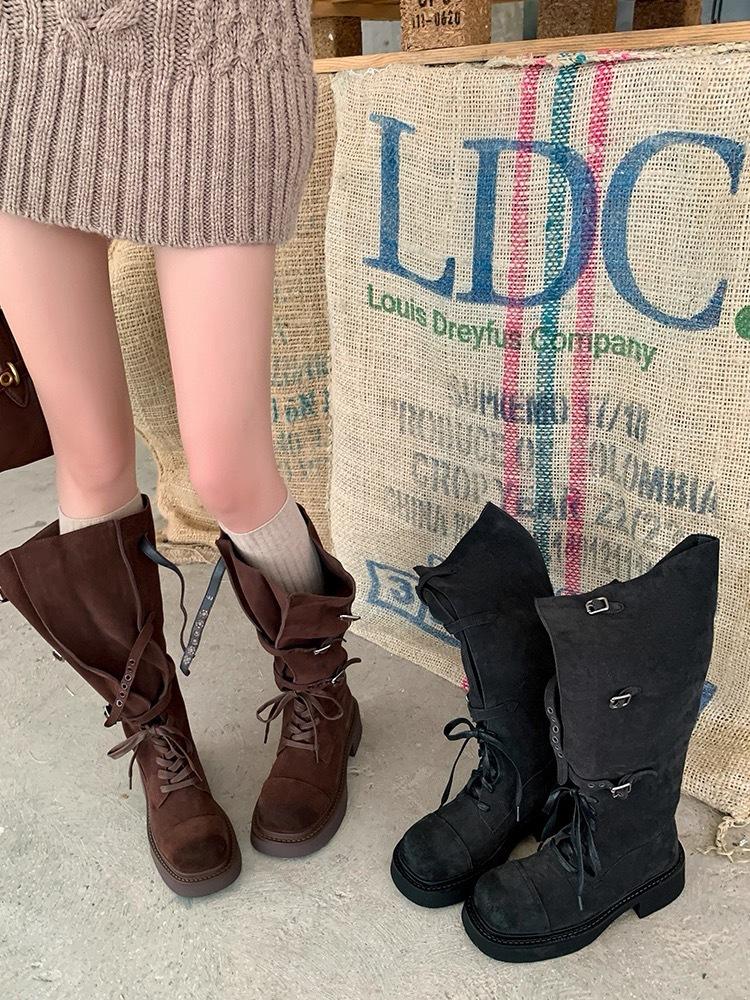 2025 autumn thin slim and thin versatile long-sleeved long tube design pure desire Spice girl thick-soled buckle Martin boots