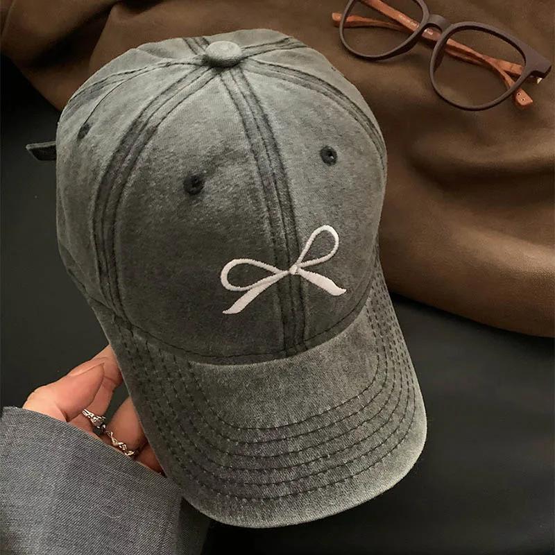 Korean Bow Baseball Caps for Women Retro Washed Cotton Adjustable Duck Tongue Caps Sweet Girl Outdoor Casual Sun Visor Hats