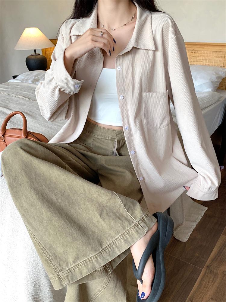 Plus Size Women's Retro Corduroy Shirt - Casual Long Sleeve BF Style for Spring & Autumn
