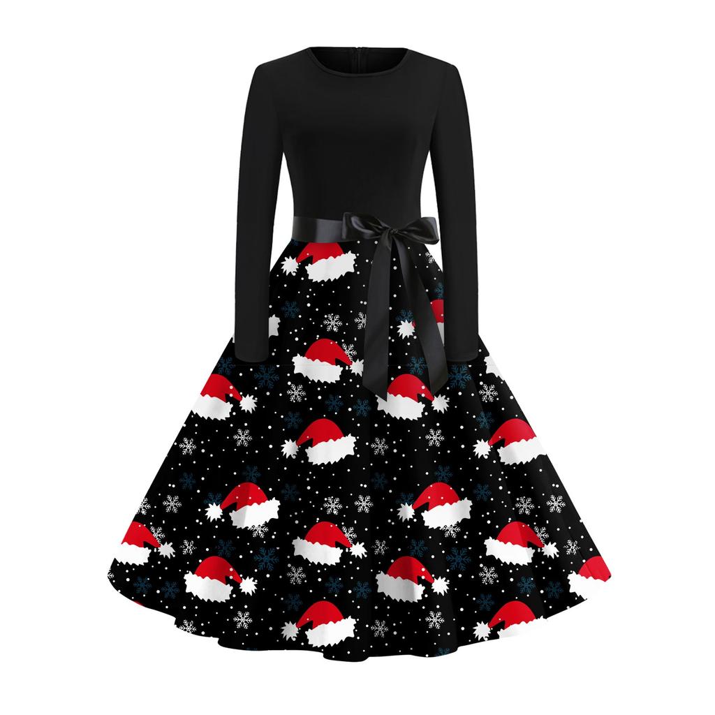 Women's Vintage Dress Long Sleeve Christmas Print Round Neck Swing Dress