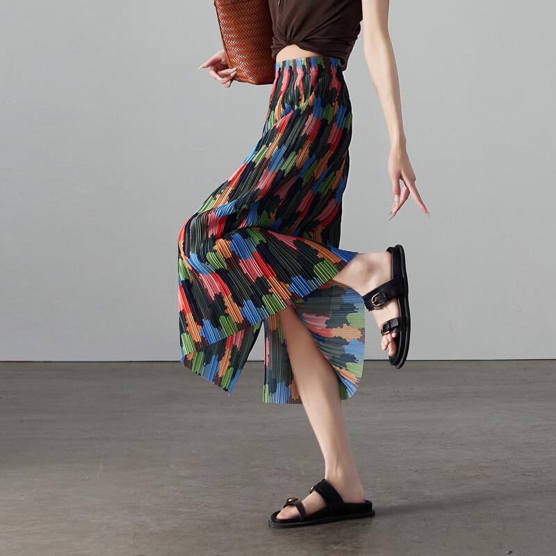 SOFSIL 2026 Summer Art Print Pleated Mid-Length Skirt