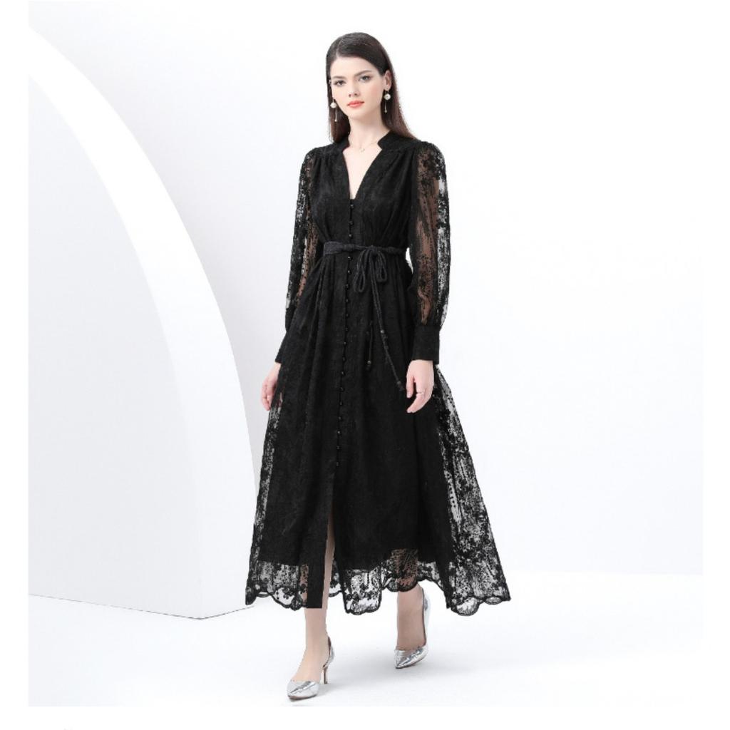 Women's V Neck Long Sleeve Maxi Dress Slim Fit High Waist Elegant Lace A Line Dress