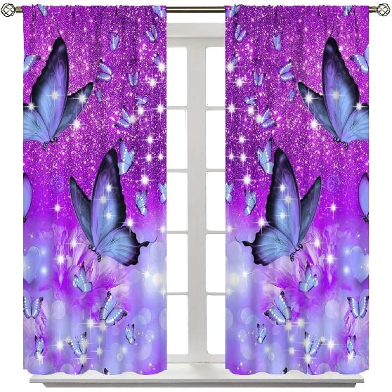 Dream Butterfly Curtain Purple Theme Window Curtain Spring Purple Half Curtain, Girls Room Personality Decorated Beautiful Purple Butterfly Curtain,