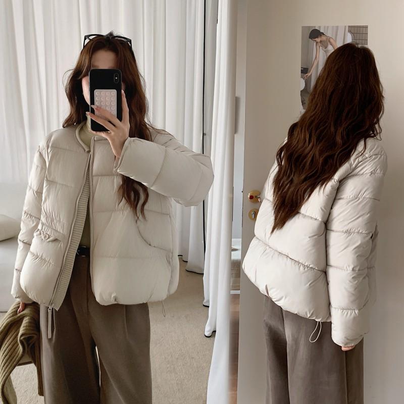 Womens Short Cotton Puffer Jacket 2026 Winter Loose Fit Round Neck Warm Coat Korean Style Casual Outerwear