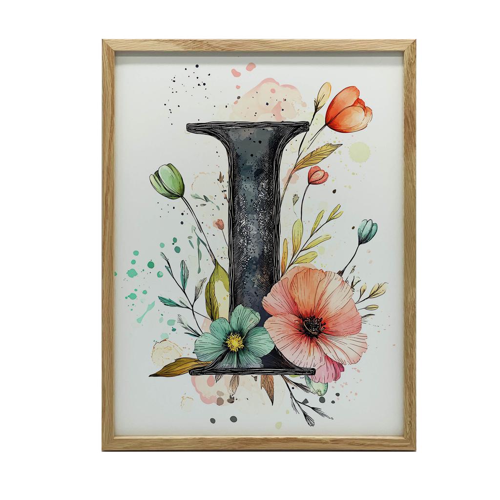 Plakat Litera "I" Z Kwiatami Plakat Litera "I" Z Kwiatami, 30X40 Cm, Rama Drewniana Ciemny Brąz, Papier Matowy 230 Gsm