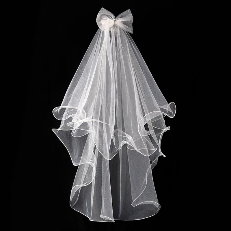 Wedding Veil with Metal Comb Wedding Hair Accessories for Flower Girl 2 Tier Longest Tulle 28" Embellished with Bow