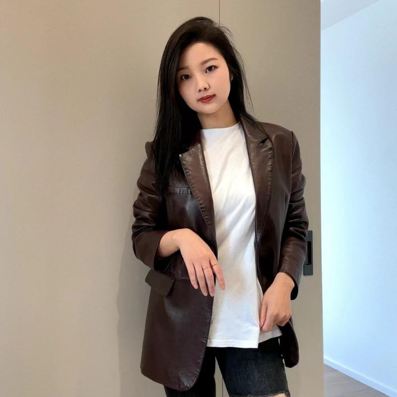 

Европейская весна и осень, новый пиджак из натуральной овчины в стиле ретро для женщин, средней длины, свободный, тонкий, модный и универсальный 2XL