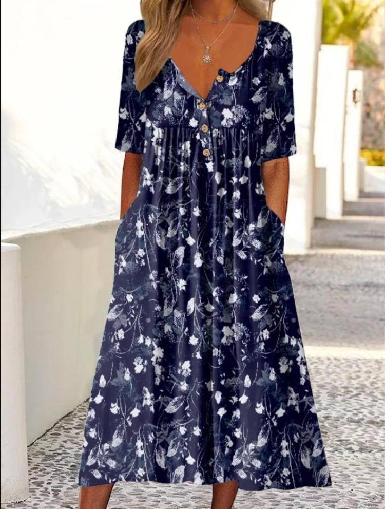 Buttoned Maxi Dress with Pocket Printed Cardigan Style Womens Dress