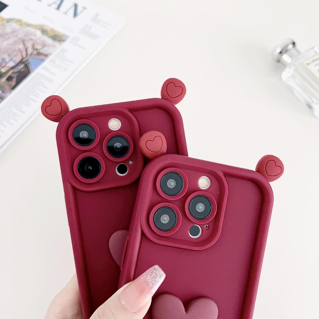 Burgundy Three-dimensional Ear Love Applies To iPhone17Promax Mobile Phone Case Apple 16/15 Cute 14/13