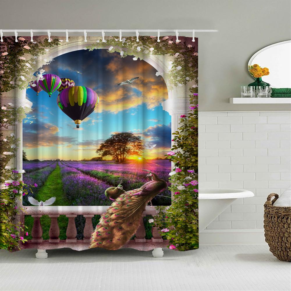 Vattentät Duschdraperi med Blommor Gräs Växt Stenmur för Badrum Badgardiner Extra Lång 180*200 CM 3d Duschdraperi