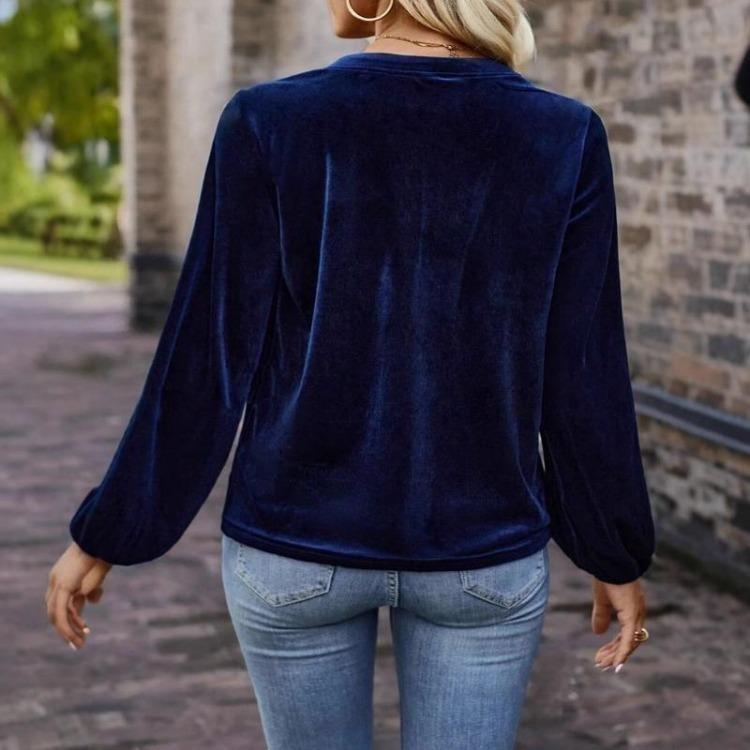 V Neck Vintage Lantern Sleeve Blouse Casual Loose Pullover Top Womens Long Sleeve Shirt Solid Color Spring Autumn