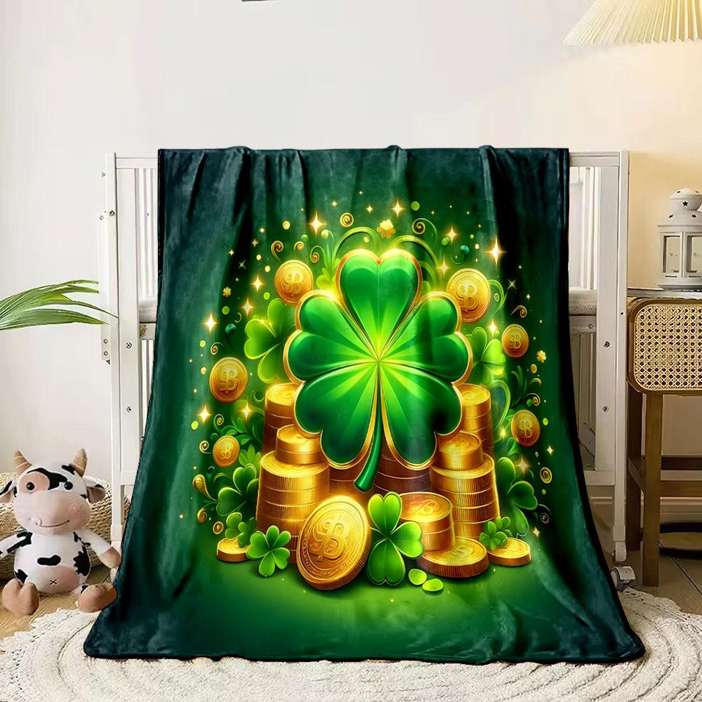 Lucky Clover and Gold Coins Design Print Blanket Soft and Cozy Perfect for the Living Room Bed Sofa or a Nap,gift