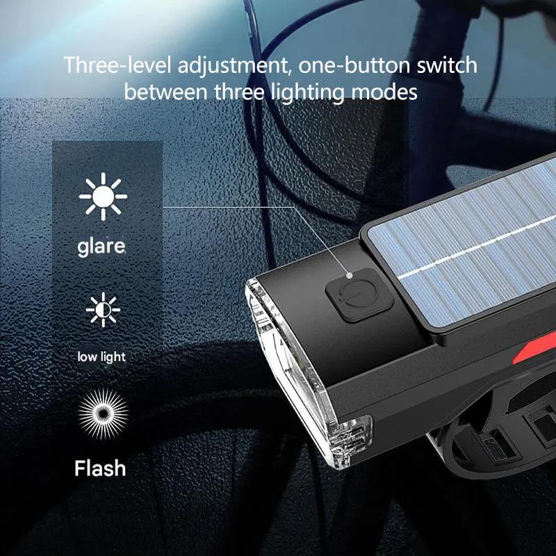 Solar Power Bike Front Lamp USB Rechargeable Cycling Flashlight Waterproof 3 Level Dimmable for Cycling Accessories Night Riding