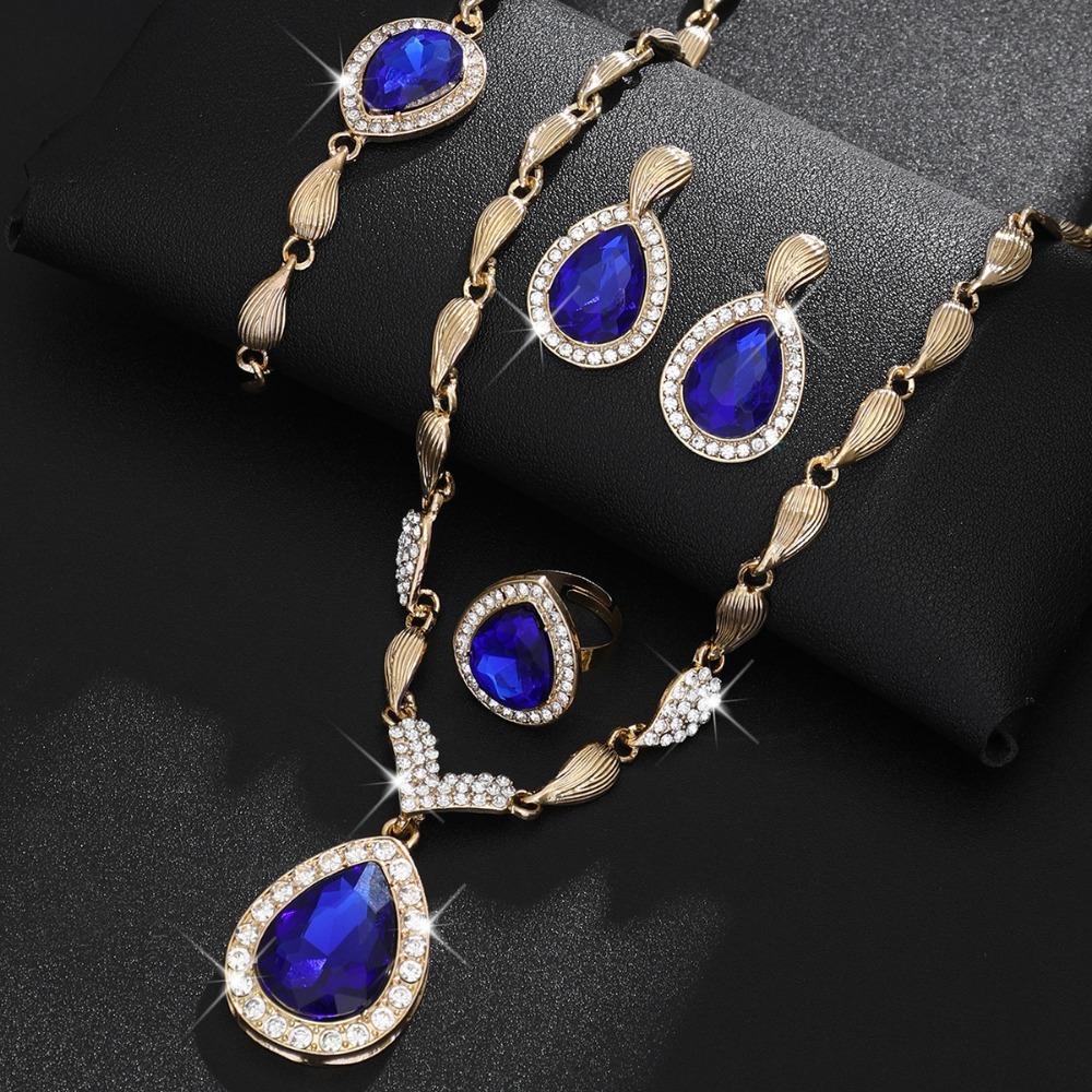 Water Drop Pendant Rhinestone Inlaid Jewelry Set Bracelet Ring Women Jewelry Set  Bridal
