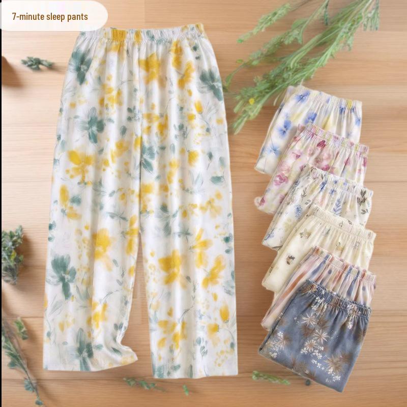 Women's Cotton Silk Cropped Pajama Pants, Summer Thin Loose Pastoral Style, Ditsy Floral, Wear Indoors or Out.