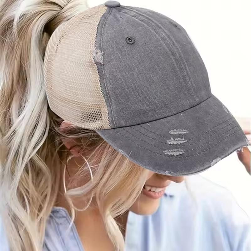 Fresh Latest Brand New Style Ponytail Washed-Out Net Cap Distressed Hat For Women Multiple Color Baseball Cap Spring Summer Shade Sport