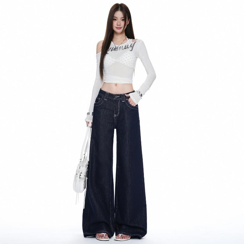 Dark blue design wide-leg jeans for women, autumn new high-waisted loose-fitting and thin floor pants