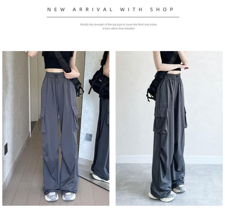 Women's Gray High-Waist Parachute Cargo Pants - Casual Wide-Leg American Sportswear for Spring, Summer, and Autumn 2025