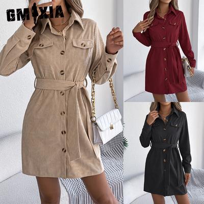 Vestido camisero casual para mujer de color liso, abotonadura sencilla, manga larga con cordones, de pana, para otoño e invierno