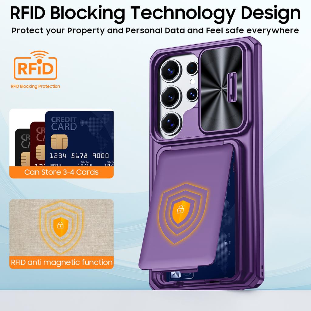 RFID Blocking Phone Case with Wallet Card Holder Raised Bezel and Sliding Lens Cover for Samsung Galaxy S25 Ultra-Purple