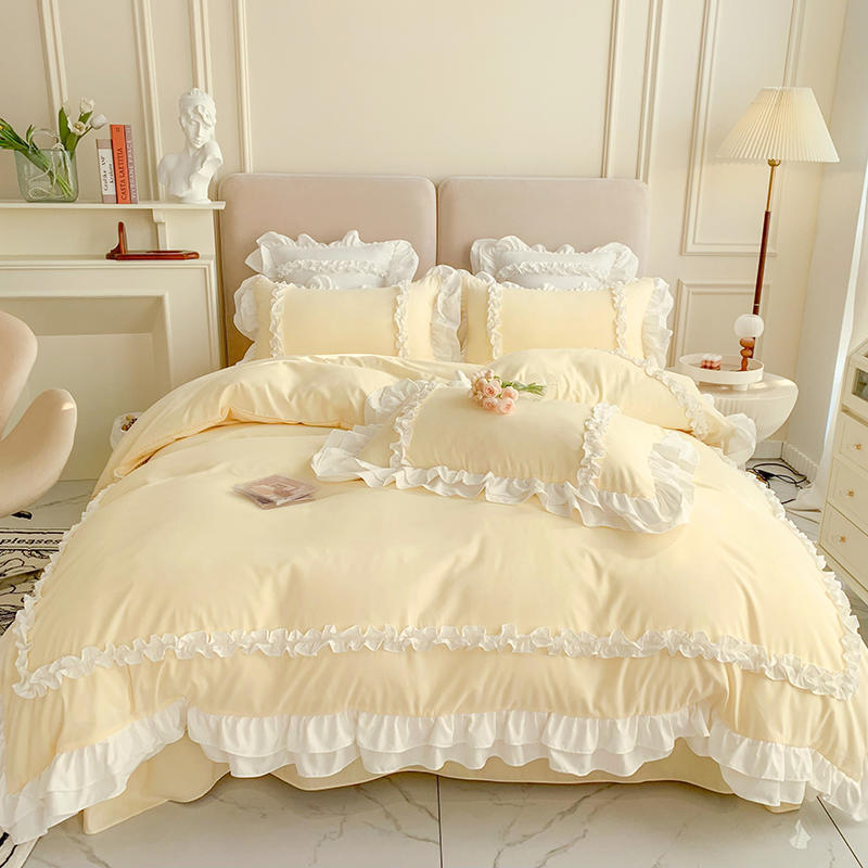 Korean Princess Lolita Bed 4-Piece Set Solid Washed Cotton Breathable Bed Sheet Duvet Cover Bedding Set with Lace