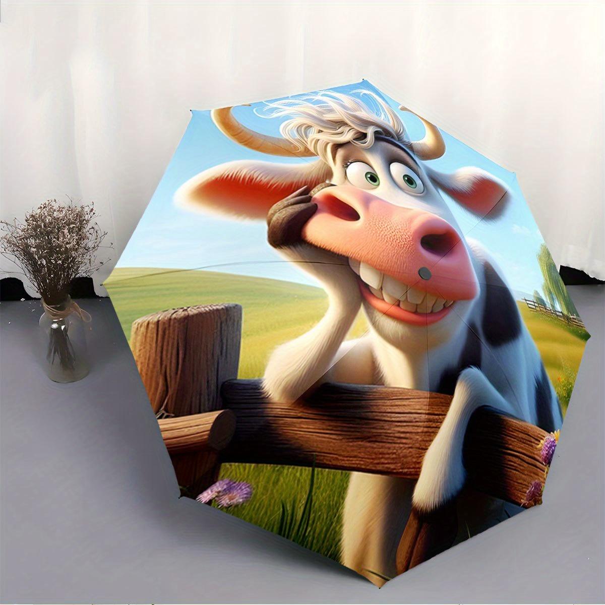 

Folding Umbrella The umbrella features a smiling cow leaning on a wooden fence with a scenic rural background, associated with (as the picture,Iron&8K)