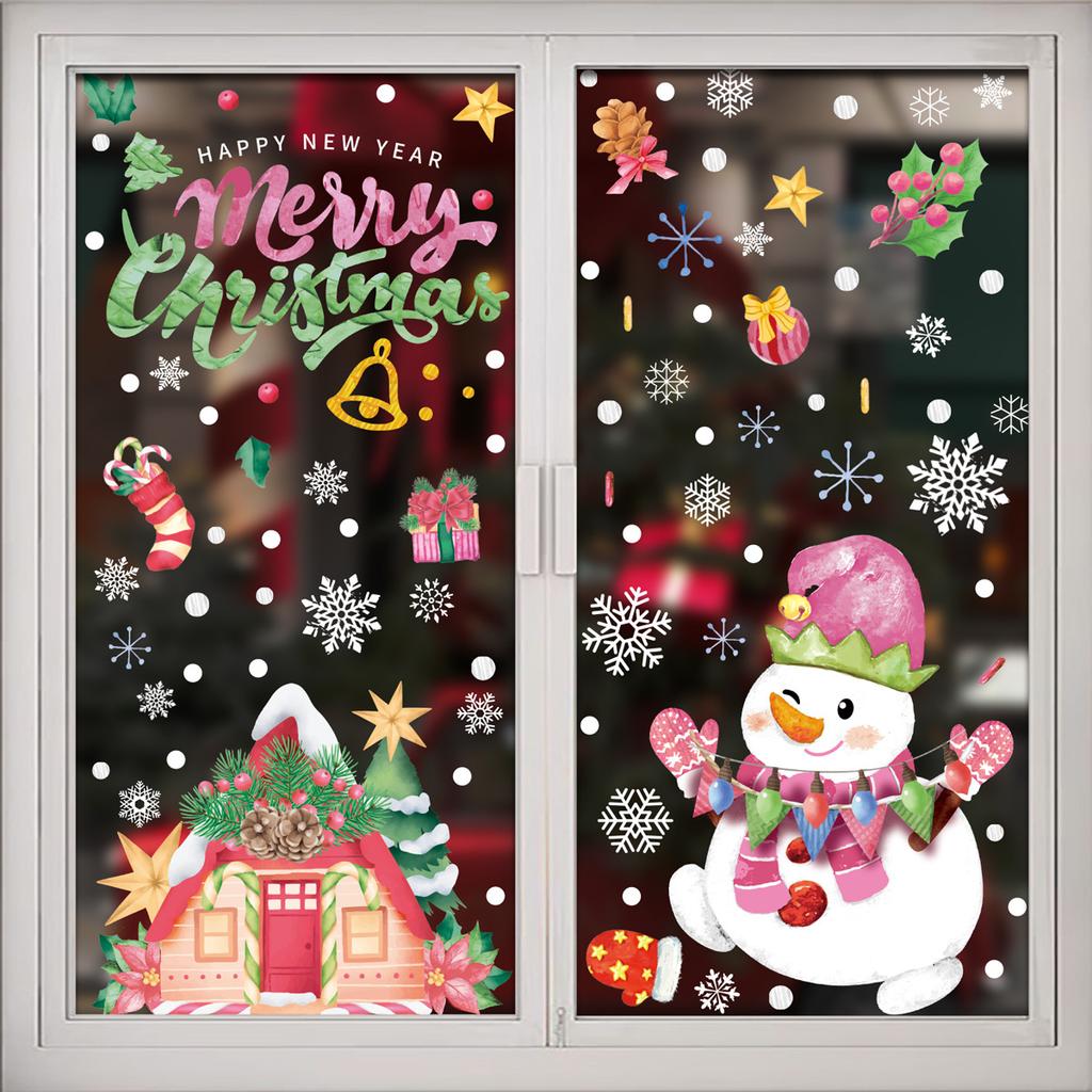 Christmas Pink Santa Claus Stickers Xmas Ball Garlands Bell Snowman Static Stickers Merry Christmas Decor Happy New Year