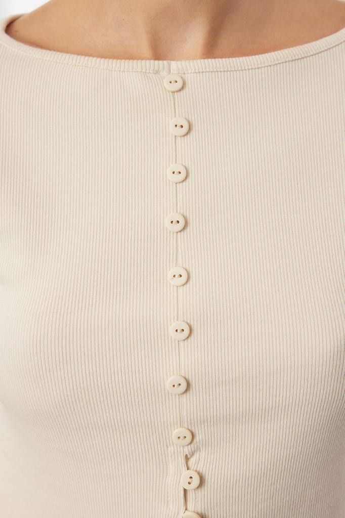 Women's Fashion Black Button Detailed Crew Neck Ribbed Flexible Regular Length Knitted Blouse