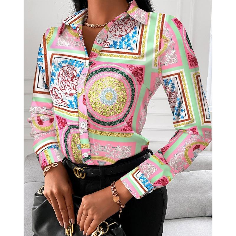 Women Fashion Wild Shirts Chain/Floral/Letter/Geometric Square Print Turn-Down Collar Long Sleeve Blouses