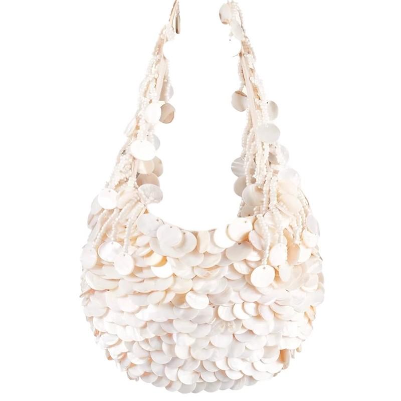 

Fashion Shell Beaded Handmade Bucket Bag Ring Wood Handheld Tote Bag Luxury Clutch Purse Women Handbag Shoulder Crossbody Bag бежевий