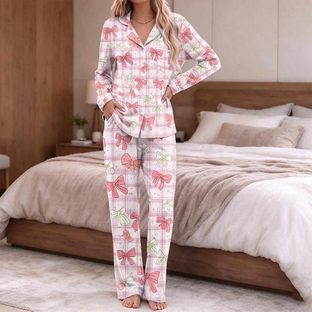 Pigiama da donna stampa alla moda manica lunga top con bottoni tasca pantaloni casa casual colletto a revers scollo a V set due pezzi