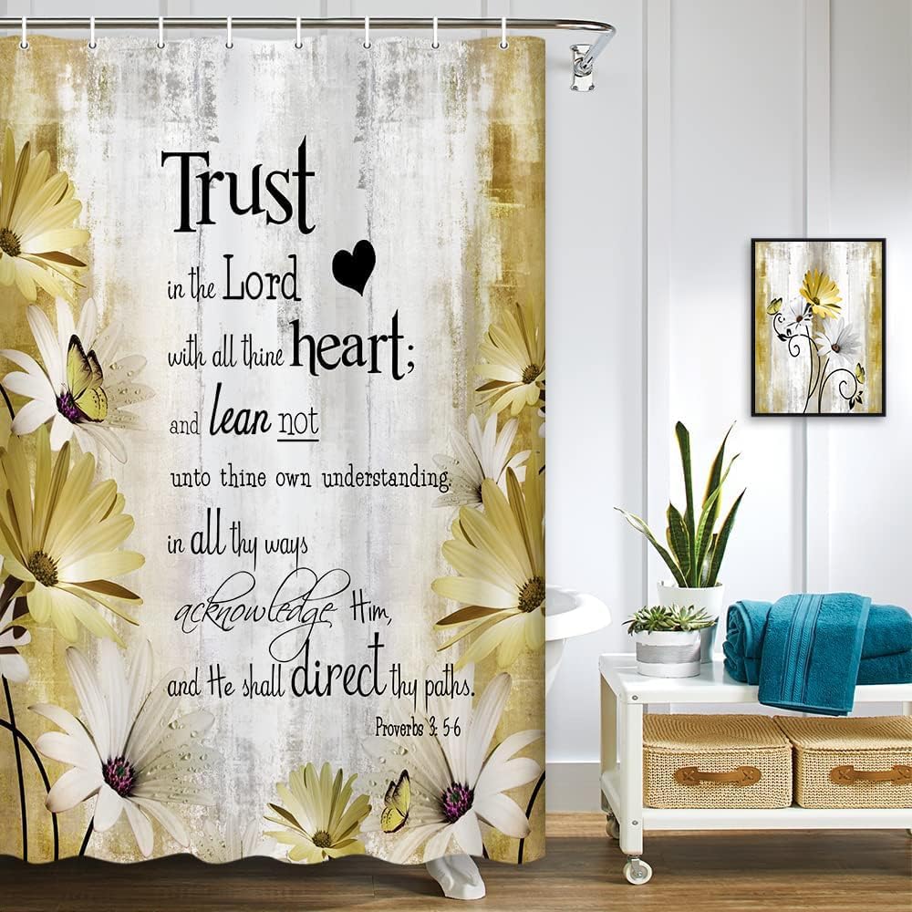 Rustic Farmhouse Orange Shower Curtain - Bible Verse Inspirational Country Farm Yellow Fall Daisy Flowers Butterfly Abstract