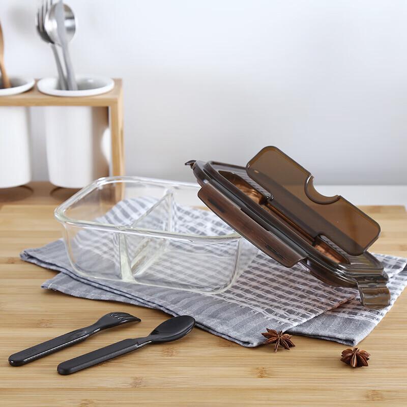 LOCK&LOCK Rectangular Divided Glass Lunch Box with Cutlery