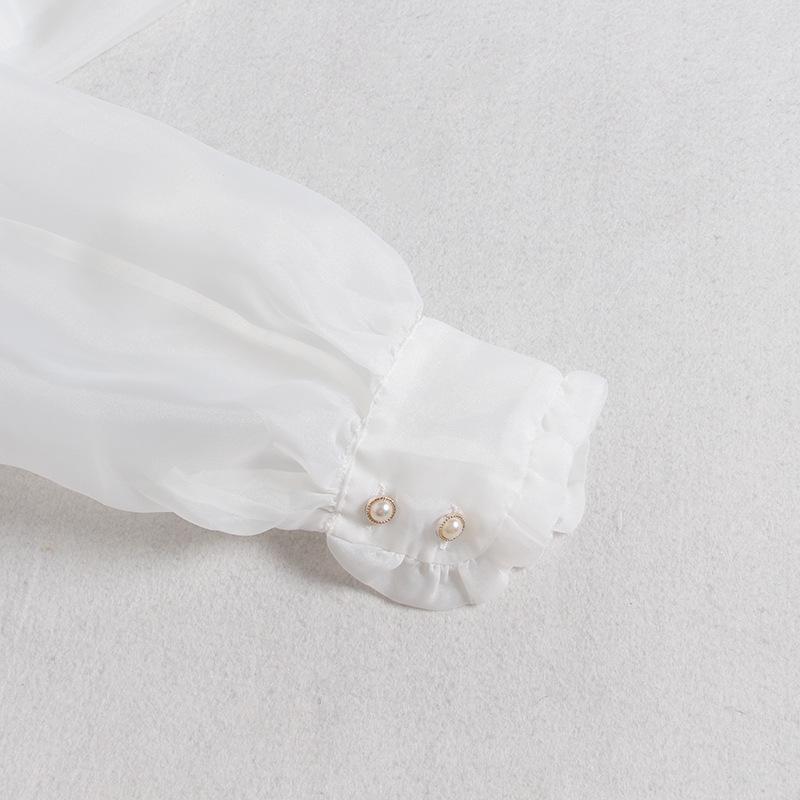 2025 Autumn Sweet Bow Tie Ruffle Mesh Blouse for Women