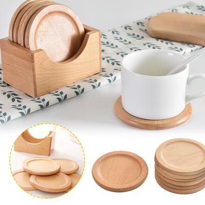 1 Set Beech Wood Coaster Placemats Wooden Coaster Wooden Coaster Box Round Shape Insulation Cup Mat Coffee Tea Cup Pad