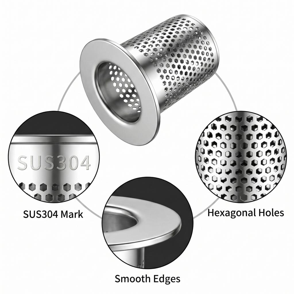 304 Stainless Steel Floor Drain Filter Strainer for Bathroom Kitchen Toilet Drainage System with Hexagonal Mesh Design and Removable Structure
