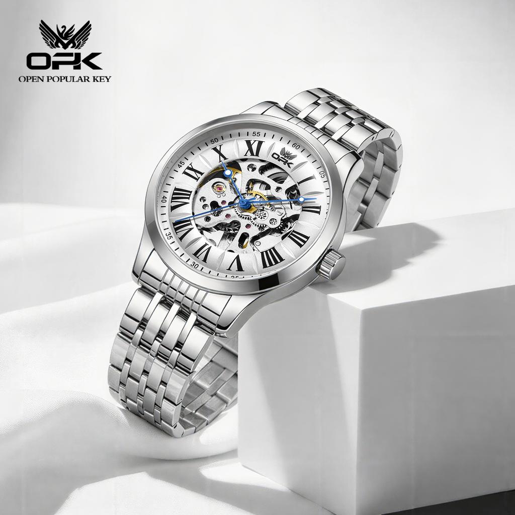 Mens Automatic Mechanical Watch Skeleton Hollow Roman Numeral Dial Waterproof Stainless Steel Business Dress Wrist Watch for Men