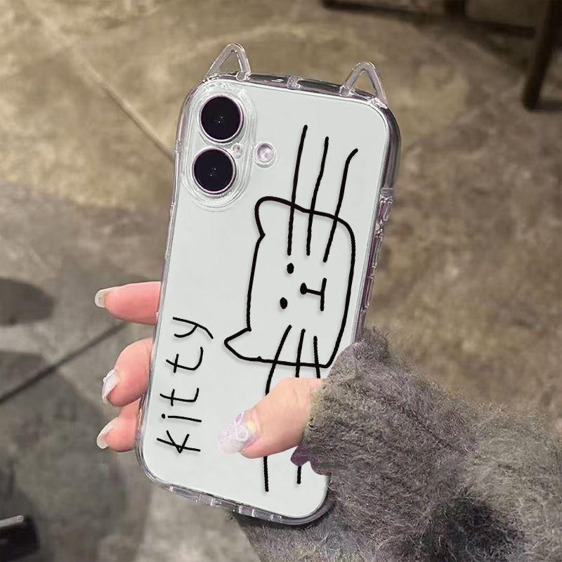 Cute Line Kitty Pattern Phone Case For iPhone 17 16 15 14 13 12 11 Pro Max XR XS MAX 7 8 PLUS Y2K Cat Ears 3D Transparent Cover