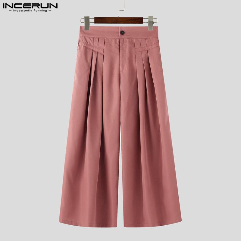 INCERUN Men Ruffled High Waist Trousers Casual Long Wide Legs Pants