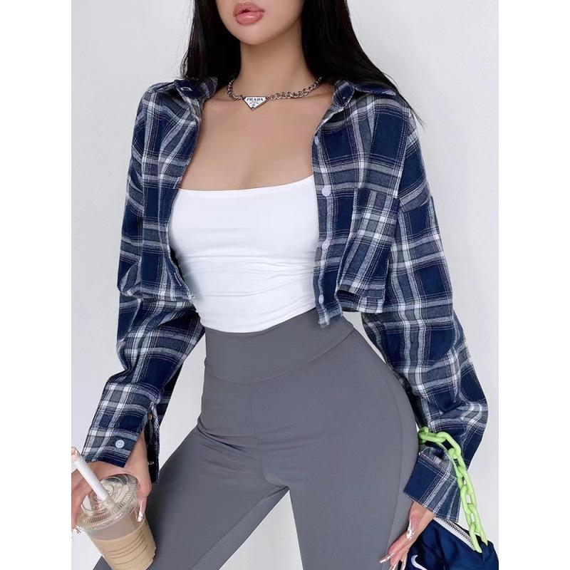 

Корейская Ранняя Осень Ретро Клетчатый Отложной Воротник Длинный Рукав Короткая Рубашка для Женщин Приталенный и Топ до Пупка для Женщин S