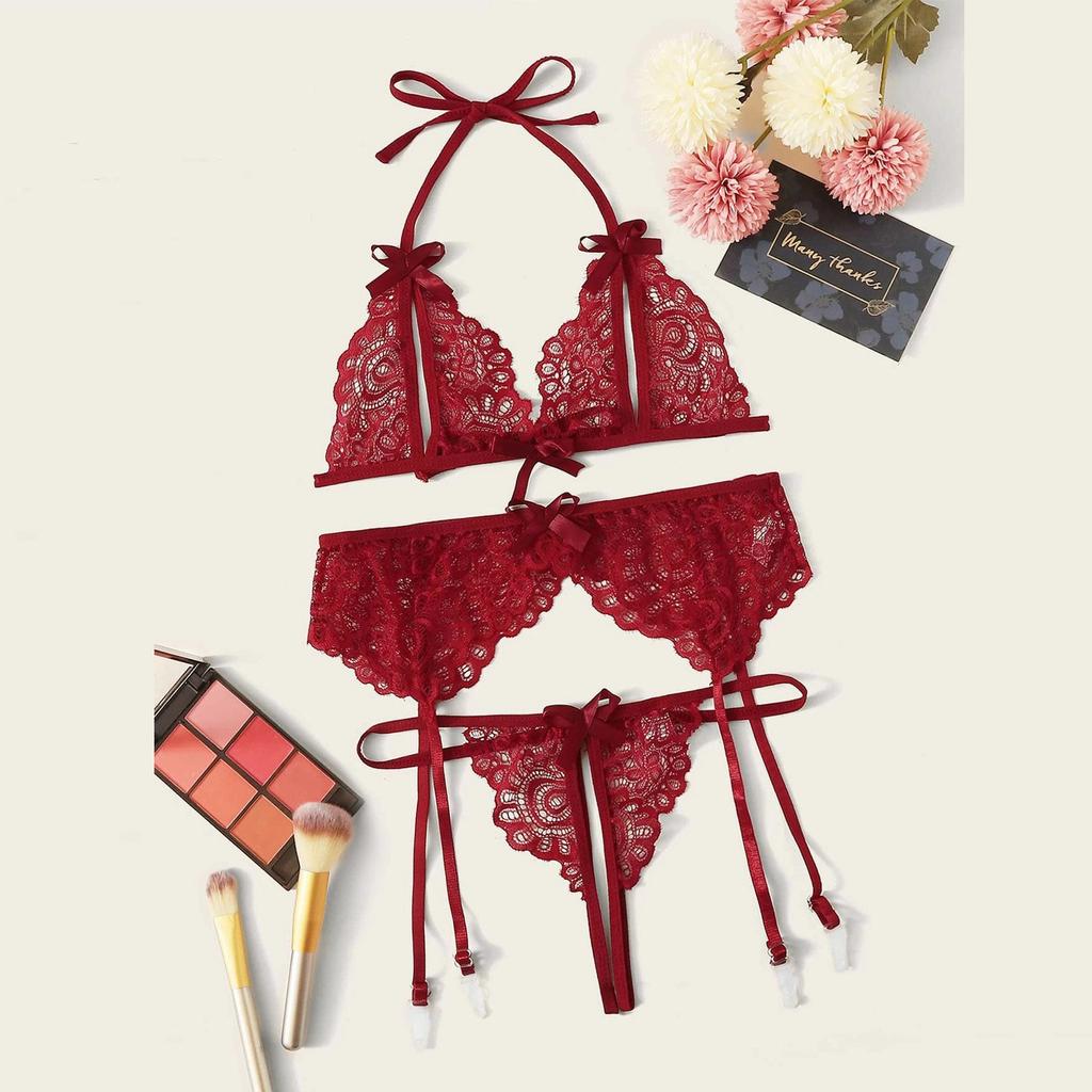 Ladies Sexy Lingerie Lace Butterfly Bra Panties Garter Belt Three-Piece Set