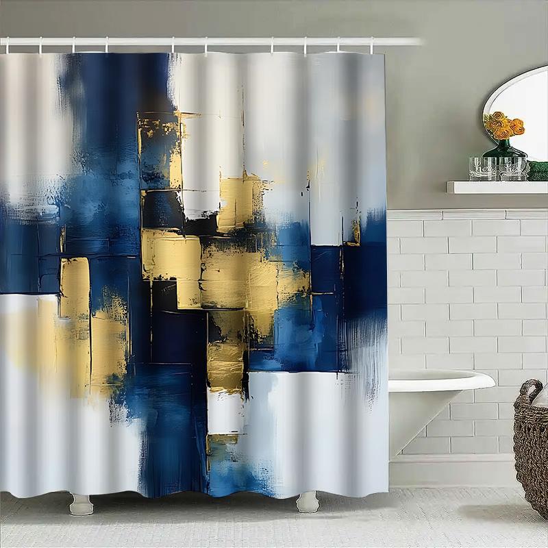 Abstract Art Shower Curtain For Bathroom Decor - Modern And Elegant Blue And Gold Design - Waterproof And Durable Easy-Clean